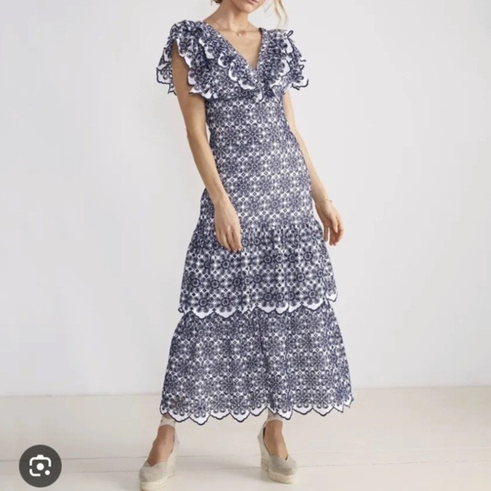 Vineyard Vines Kentucky Derby Navy White Eyelet Lace Ruffle Tiered Dress Sz 2